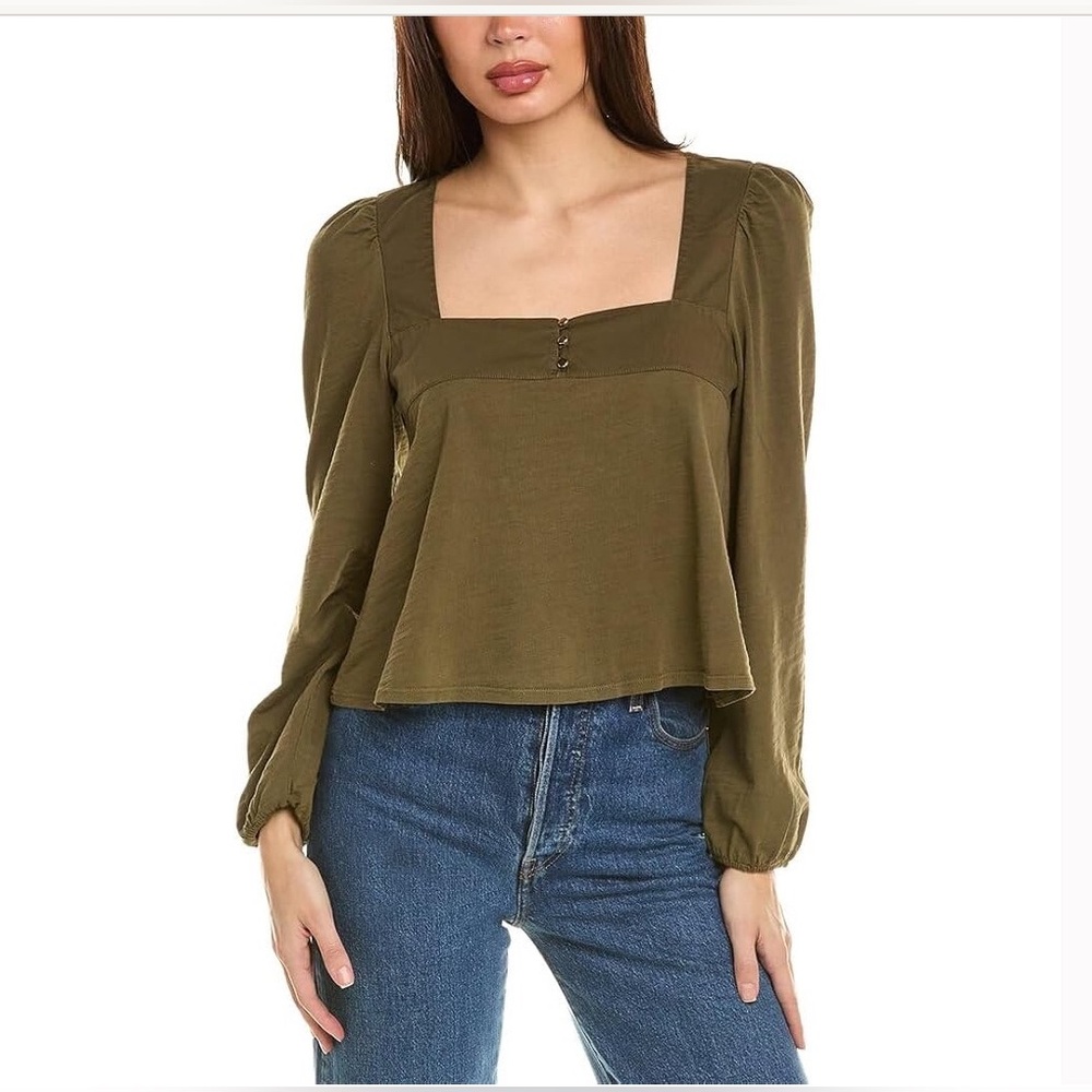 Nation LTD Pascale Square Neck Top Olive Green Long Sleeve Size M